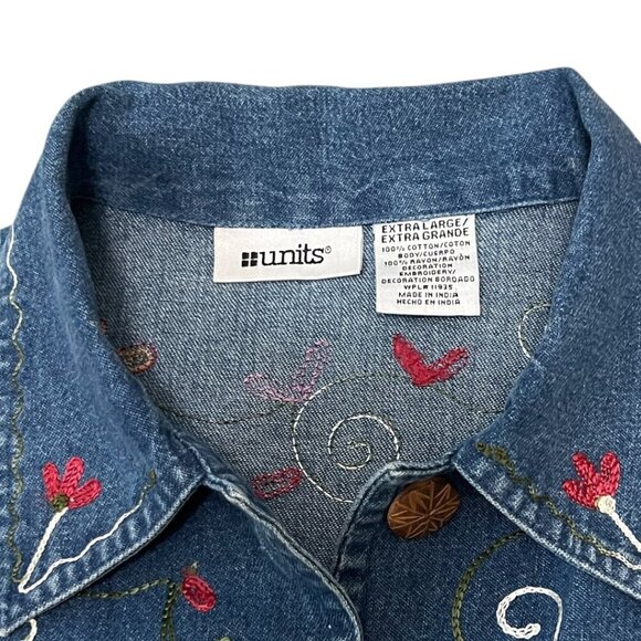 VTG UNITS Women's Lightweight Denim Jacket 1980's Embroidered Flowers Vines XL - Picture 6 of 7